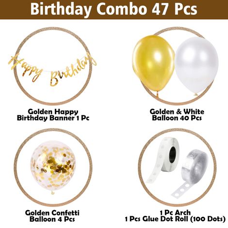 Party Propz Golden Birthday Decoration Items - 47 Pcs | Banner-Metallic Balloons-Glue Dot and More